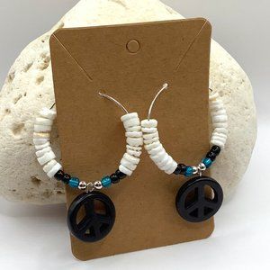 ❤️NEW Earrings Boho Peace Sign Puka Shell Beaded Hoop Dangle Silver Tone